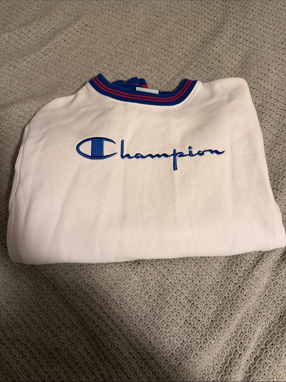 Champion White Sweatshirt with Blue Script Logo and Trim
